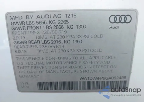 2016 Audi Q5 3.0T Premium Plus z USA, uszkodzony, nr VIN WA1D7AFP8GA092495